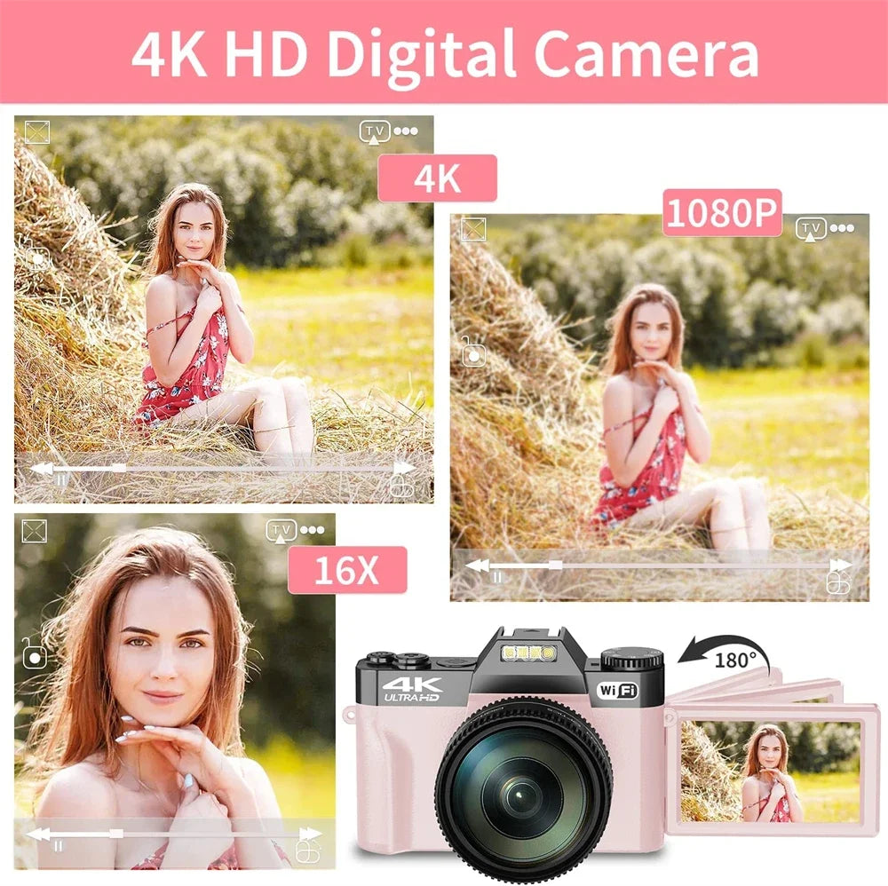 Pink Color Women Camera Digital Camera Flip Screen 4K Vlog Selfie Camera Youtube Livestream WIFI Webcam Macro Photography