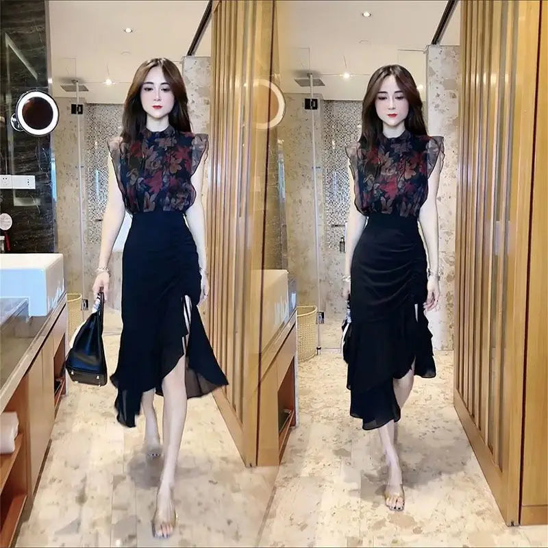 Female Outfits Midi Printing Slit Women's Two Piece Set Party Skirt Clothing Trend 2024 New Arrivals Matching Sets Vintage Full