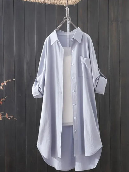 Mid-length cotton and linen shirt women 2024 spring and autumn new loose 100 long-sleeved blouse