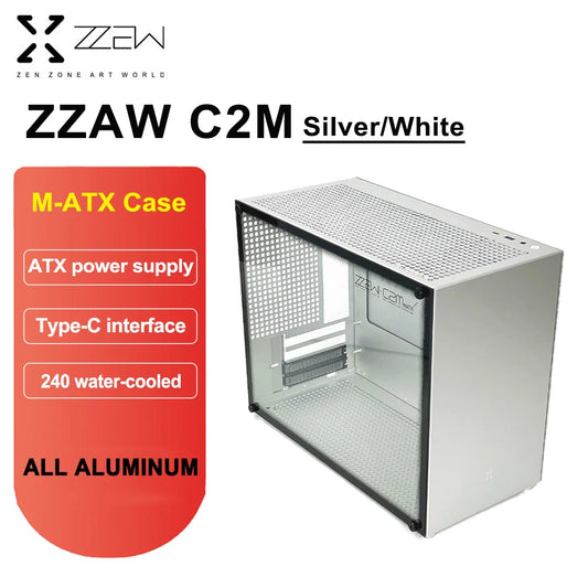 ZZAW C2M Small All Aluminum MATX Case ATX Power Supply 240 Water-cooled Type-C Interface Game Assembly Desktop Small Chassis