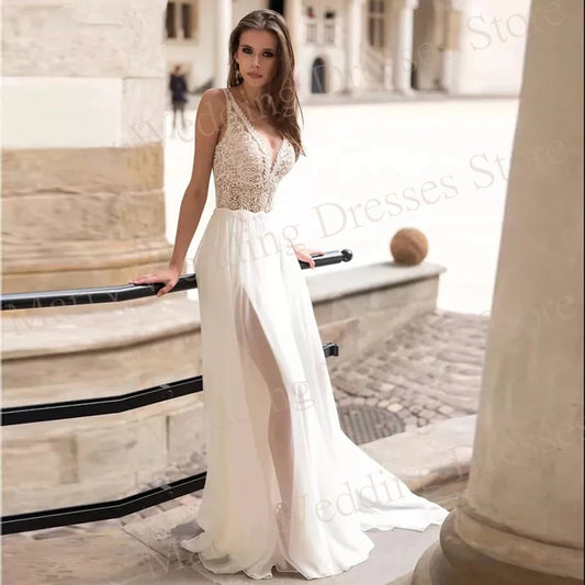 Optimize product title: Elegant V-Neck Chiffon Wedding Dress with Appliques Lace and Long Puff Sleeves - Graceful A-Line Cut, Sexy Backless Design - Perfect for Brides - Available in Various Sizes