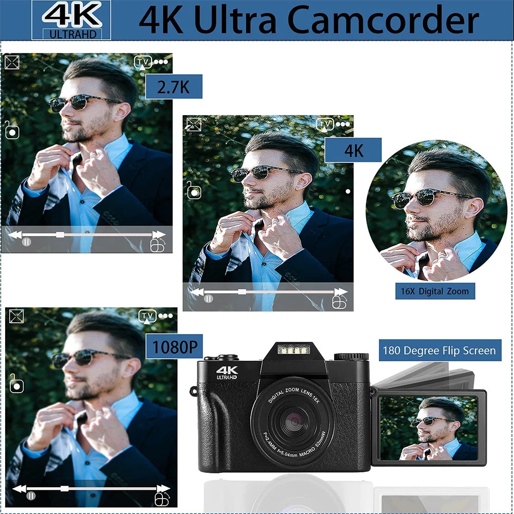 Auto Focus 4K High-definition Digital Camera Digital Zoom Flip Screen 3 Inch 48MP 16x for Photography on Youtube External Lens