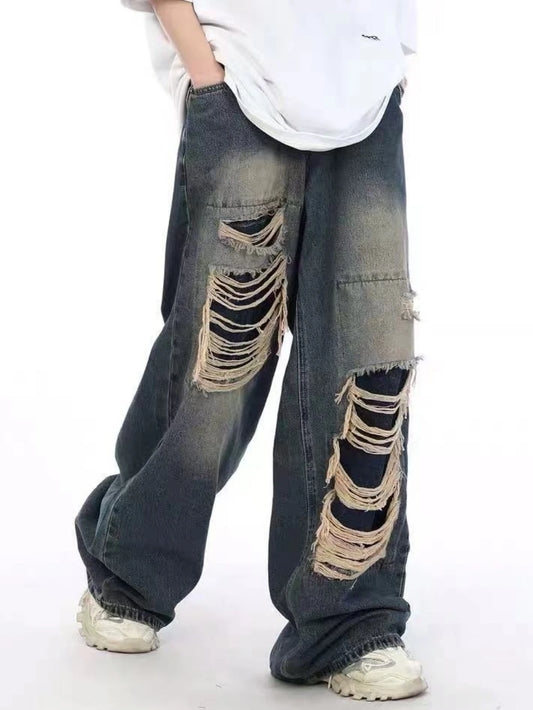 Fashion Unisex Ripped y2k Pants Men Washed Frayed Vintage Grunge Gothic Baggy Jeans for Women Streetwear Male Trousers Clothing