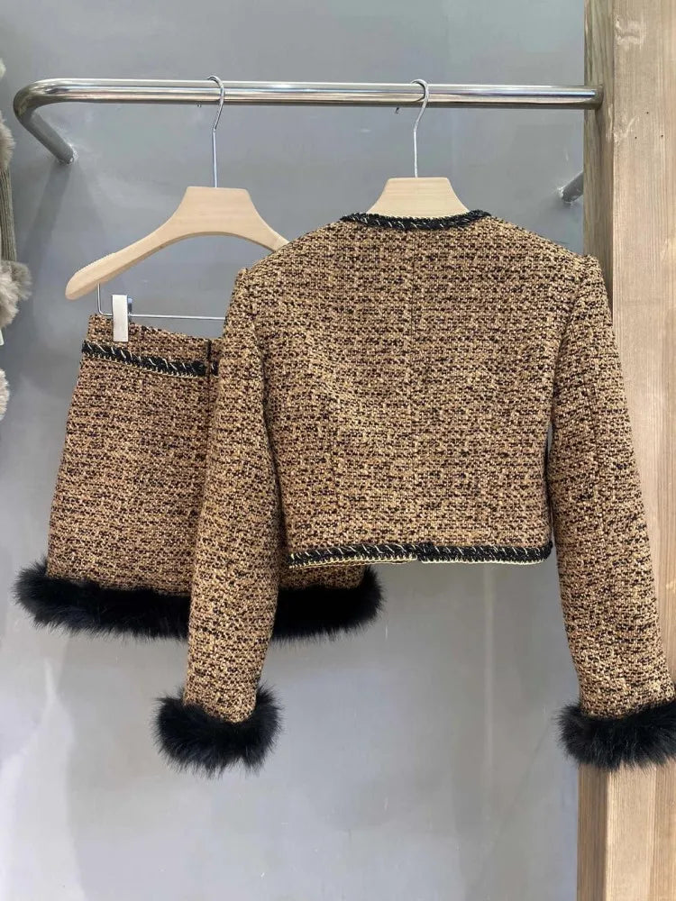 Office Ladies Autumn Winter Elegant Two Piece Set Faux Fox Fur Tweed Short Jacket High Waist A-Line Skirt Women Matching Sets