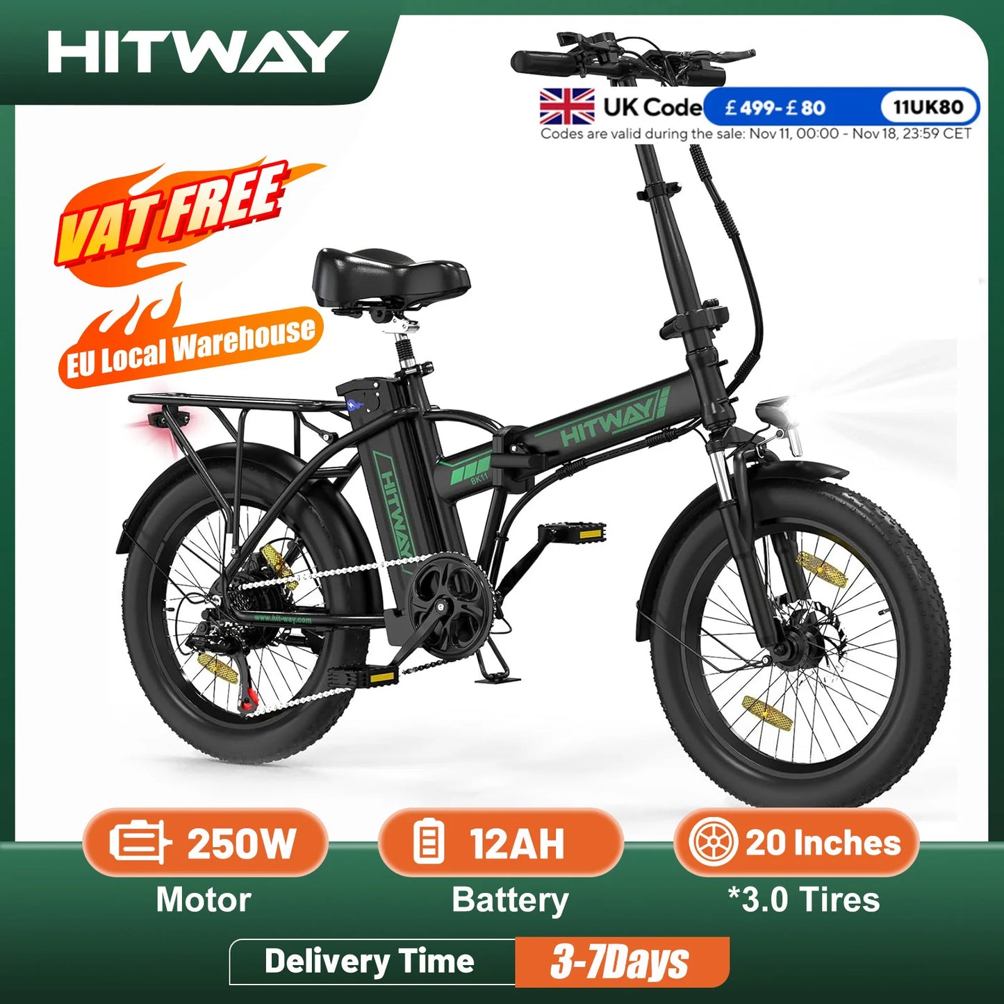 HITWAY Electric Bike for Adults, 20" Fat Tire E Bike 250W Electric Bicycles, Folding Electric Bike, 36V/11.2Ah Battery 35-90KM