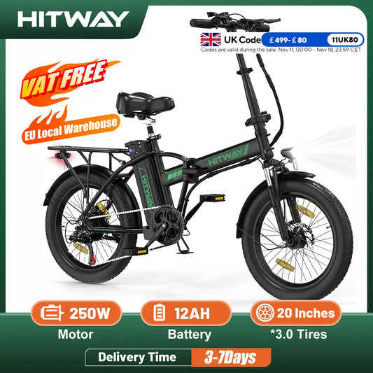 HITWAY Electric Bike for Adults, 20" Fat Tire E Bike 250W Electric Bicycles, Folding Electric Bike, 36V/11.2Ah Battery 35-90KM