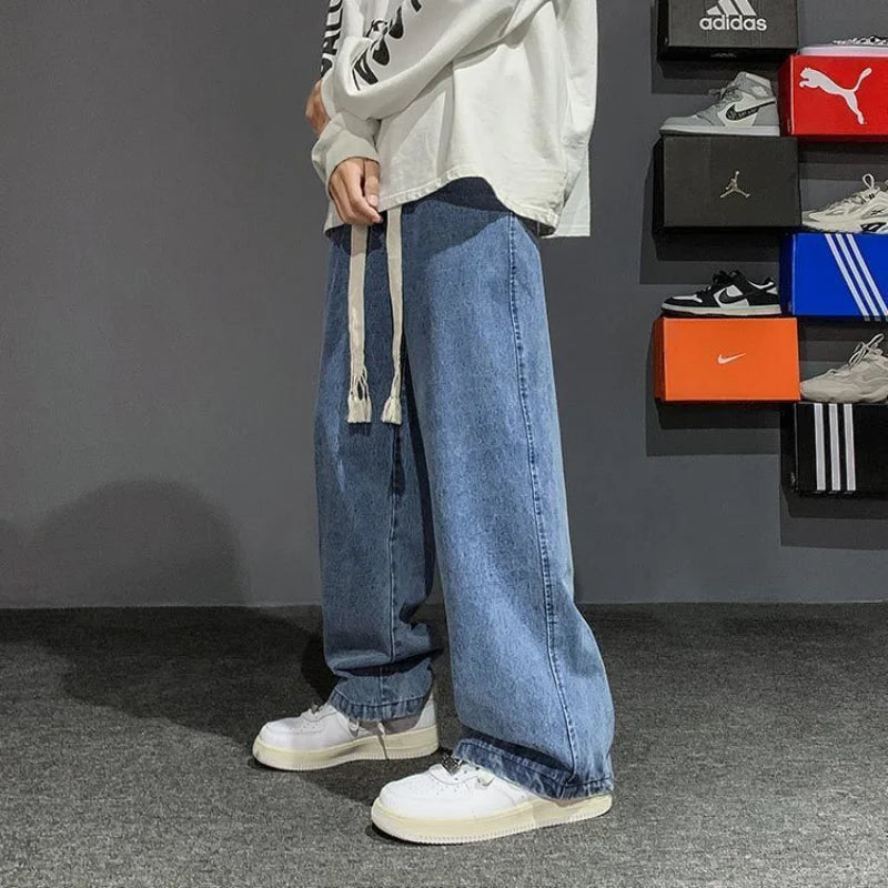 Spring Autumn 2022 Woven Drawstring Vintage Jeans CowBoys Straight Loose Wide Leg Fashion Streetwear Baggy Cargo Long Pants