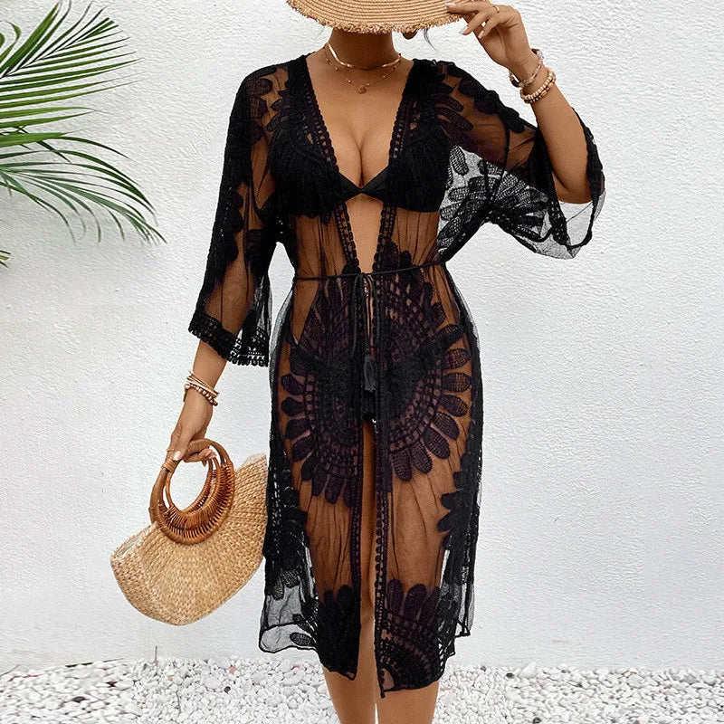 Summer Solid Color Lace Mesh Smock V-neck Lace Up Long Sleeved Beach Dresses Women's Beach Cover-Ups