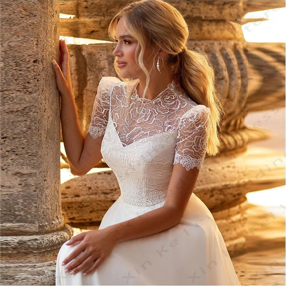 Simple Women's Bridal Dresses Bohemian Elegant Short sleeved Lace Applique A-Line Princess Wedding Gowns Formal Beach Party Robe