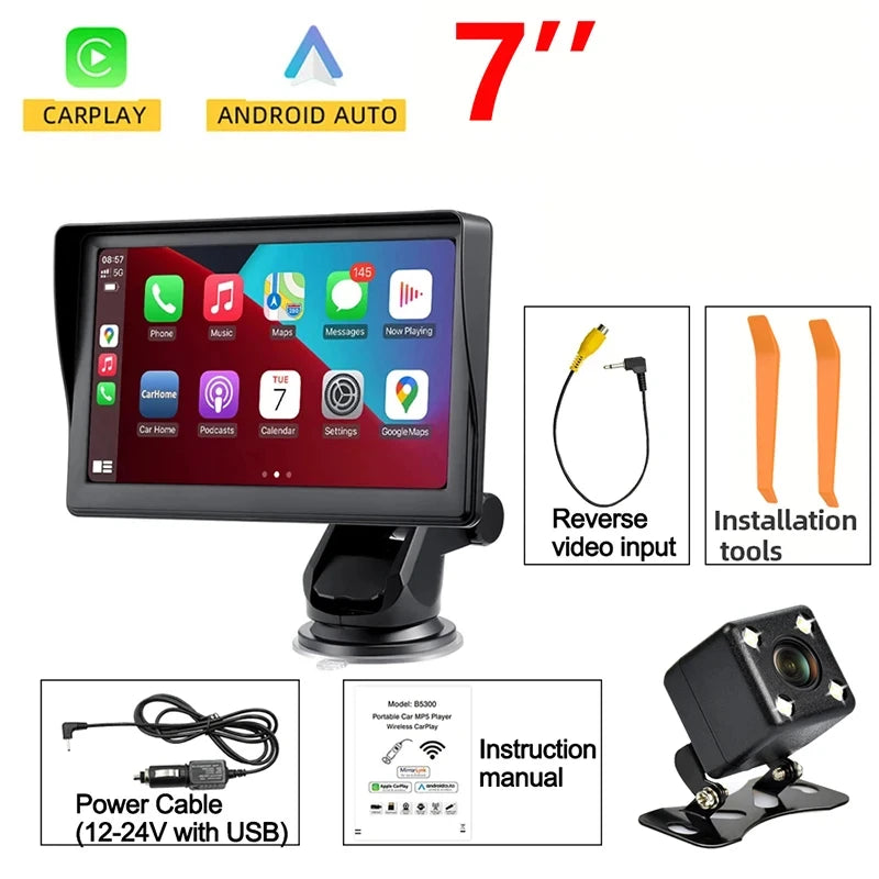 Wireless Portable Car Stereo with CarPlay & Android Auto, 17.78 cm Touch Screen, Hands-Free Calling, Mirror Link, GPS Maps & USB Cable