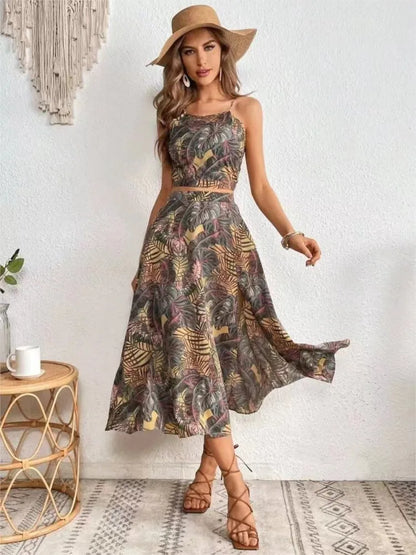 Two Piece Set For Women Print Dress Sets Leace-up Short Spaghetti Strap Top Slit A-line Skirts Sets Summer New 2 Piece Sets