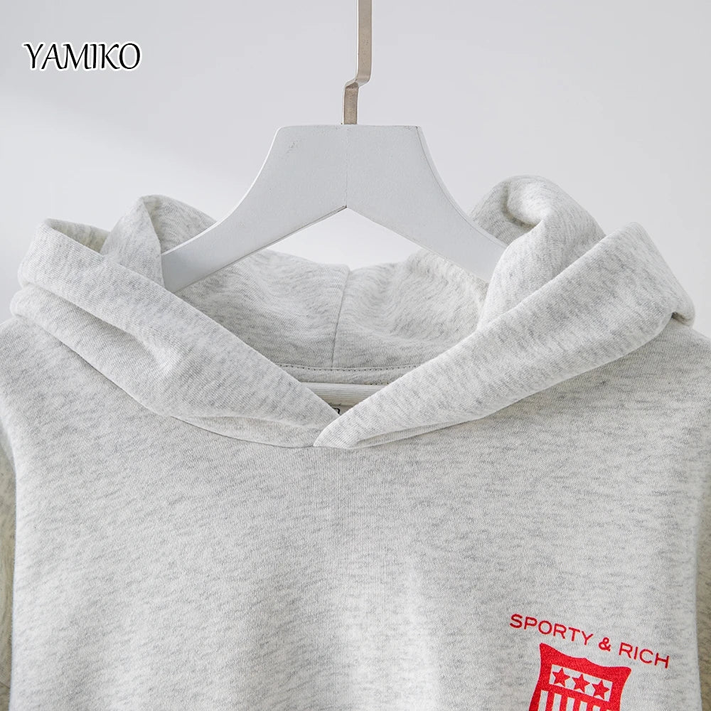 YAMIKO 2024 Fashion Sportswear Women Pullovers Shield Letter Print Loose Sweatshirt Hoodies 100% Cotton Female Casual Tops New