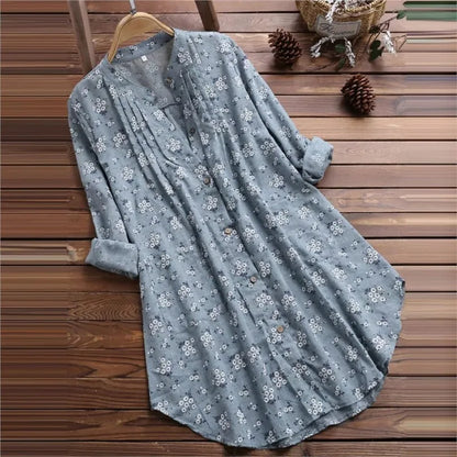 Elegant Long Shirt Cotton Linen Women Fashion Floral Print Loose Blouses And Tops Spring Autumn Full Sleeve Shirts Femme