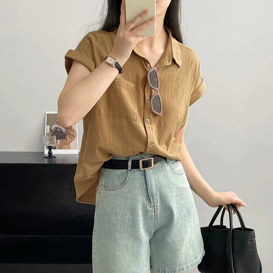 Deeptown Youthful Woman Shorts Sleeve Shirts Elegant Korean Style Vintage Female Blouses Basic Office Ladies Cardigan Summer