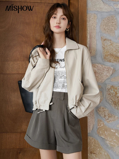 MISHOW Short Leather Jacket for Women 2023 Autumn Korean Solid Loose Pockets Wide-waisted Female Turn-down Collar Top MXC44W0070