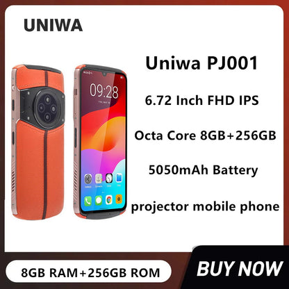 Uniwa PJ001 Rugged 4G Smartphones 6.72 Inch FHD Octa Core 8GB+256GB Android 12.0 Projector Mobile Phone 20MP 5050mAh Battery NFC