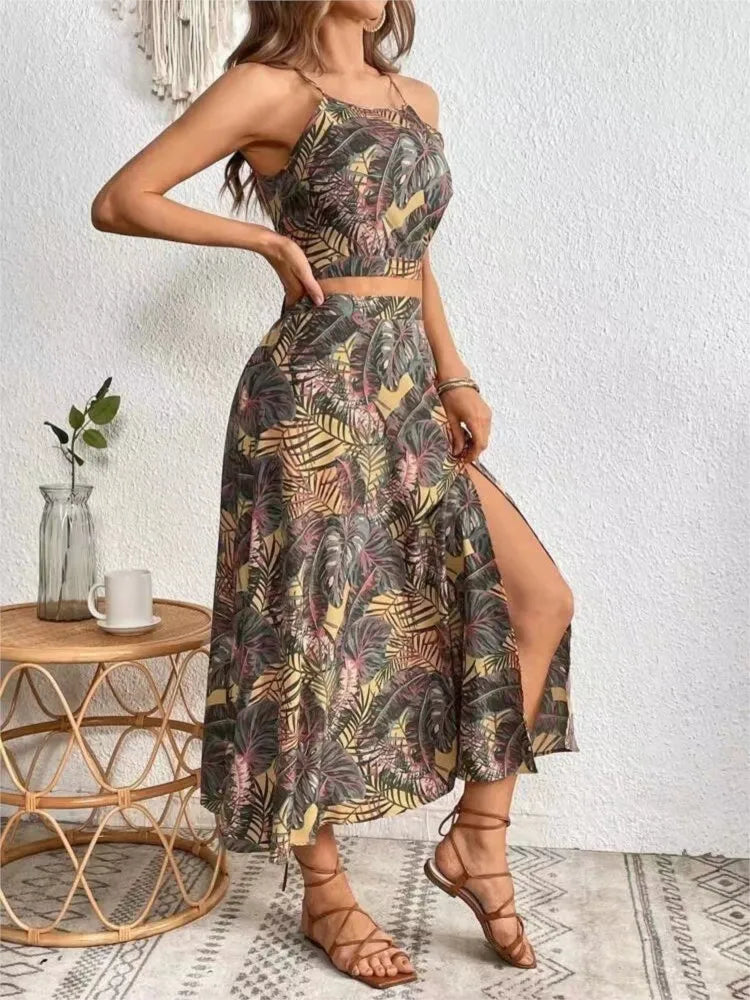 Two Piece Set For Women Print Dress Sets Leace-up Short Spaghetti Strap Top Slit A-line Skirts Sets Summer New 2 Piece Sets