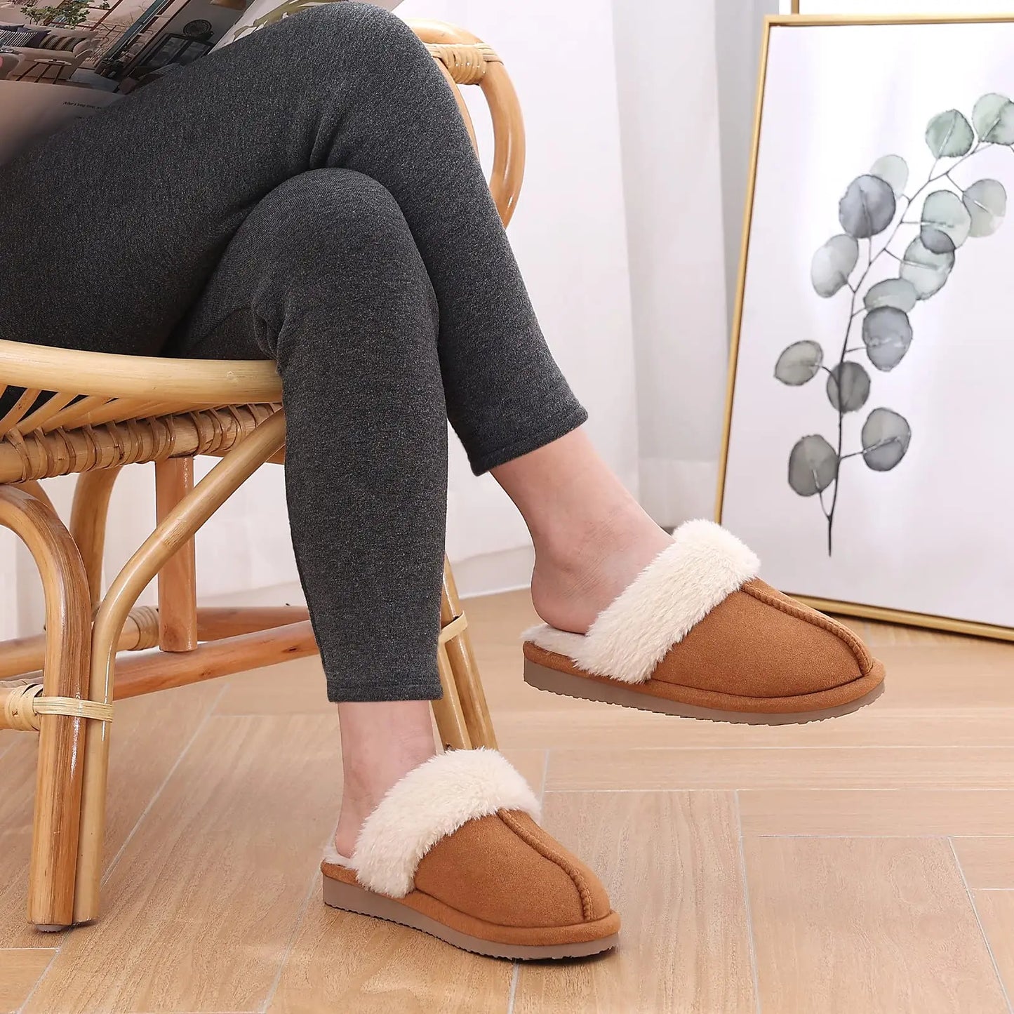 Bebealy Indoor Home Fluffy Slippers For Women Winter Fluffy Suede Fur Shoes For Women Classic Cozy Padded Slippers House Shoes