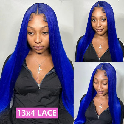 Navy Blue Color 13x4 Hd Transparent Lace Frontal Wigs Human Hair For Black Women Brazilian Straight Blue Colored Lace Front Wig