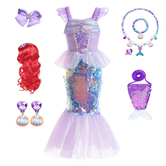 3-10 Years Mermaid Ariel Charm Princess Dress Cosplay Costumes For Kids Girl Mermaid Birthday Party Dress Halloween Clothing