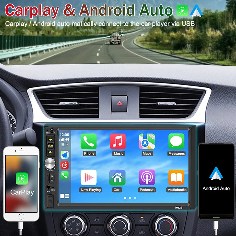 Ahoudy 7" HD Touch Screen Car Radio, Bluetooth Stereo, 12V 2 Din, TF/FM, Aux Input, Apple Carplay & Android Auto, USB MP5 Player