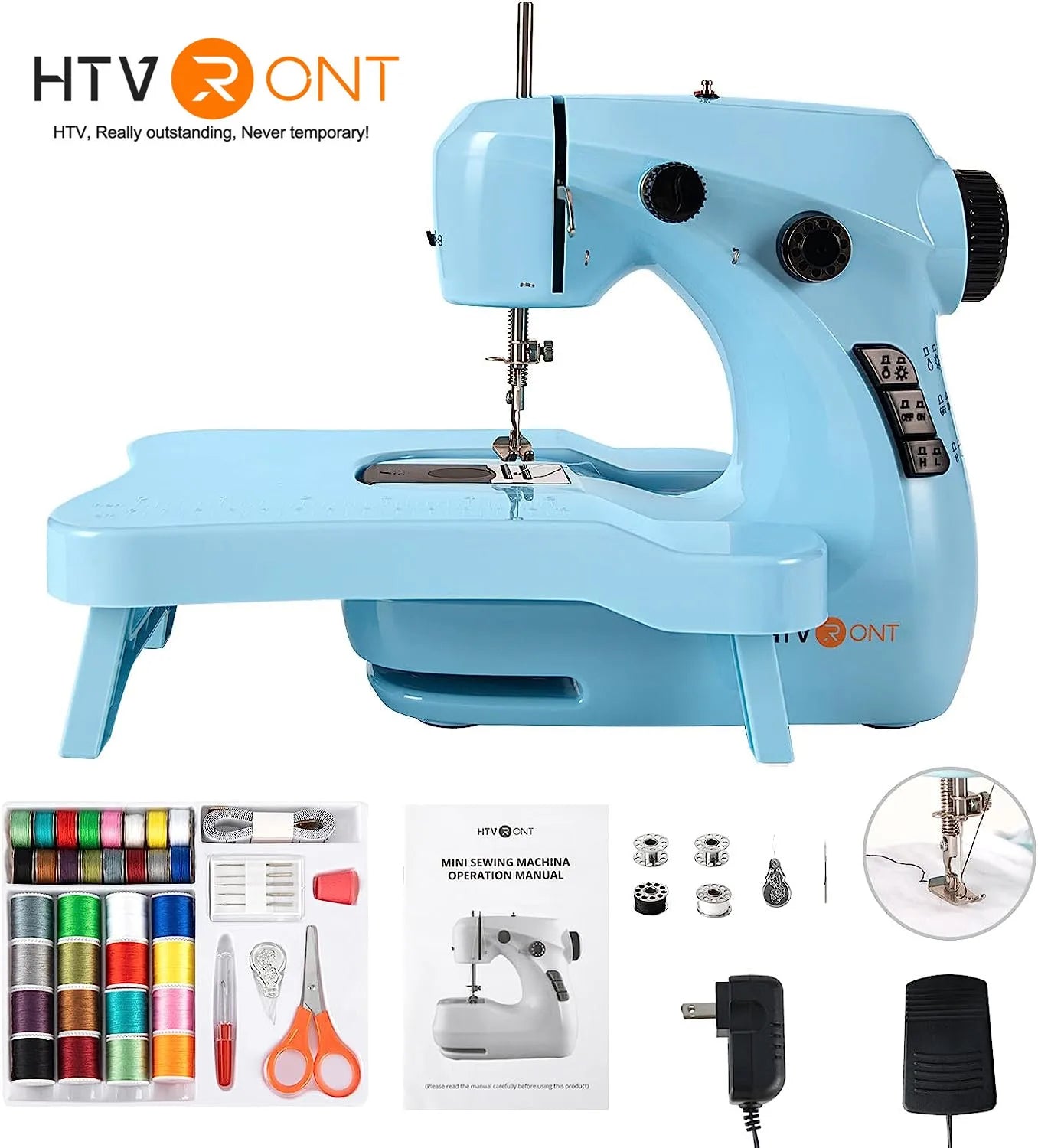 HTVRONT Mini Sewing Machine Electric Dual Speed Portable Sewing Machine with Extension Table, Foot Pedal, Light for Beginners