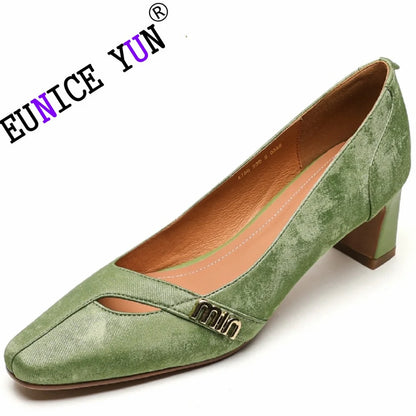 【EUNICE YUN】New Brand Genuine Leather Pointed Toe Back Strap Thin Heel Shoes for Women Casual Shoes Handmade 34-41