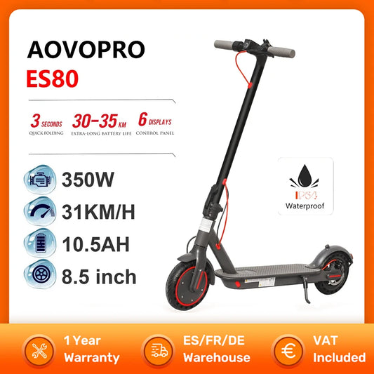 AOVOPRO ES80 Electric Scooter 350W Motor 10.5AH Battery 31KM/H Speed 35KM Range 8.5Inch Smart APP 365 GO Electric Kick Scooter