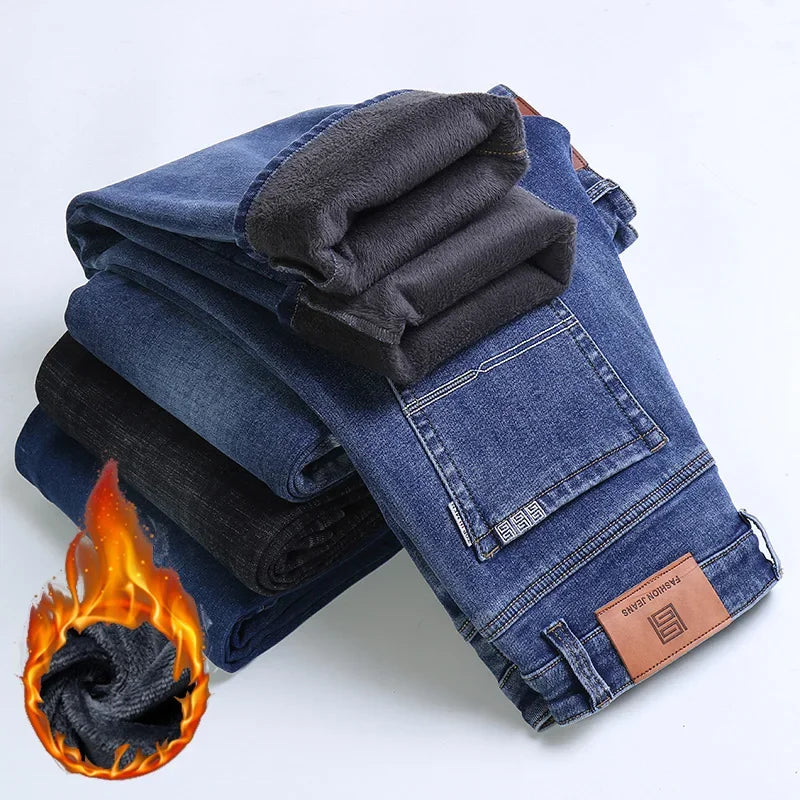 Winter Casual Men Warm Fleece Straight Jeans Classic Style Plus Size Denim Trousers Blue Plush Baggy Pants Male Brand Clothing