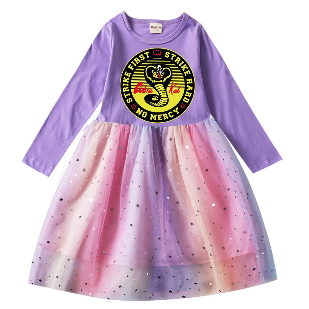 2-10Years Cute Cobra Kai Clothes Baby Girls Long Sleeve Princess Dresses with Little Bag Kids Cartoon Rainbow Sequin Dress Sets