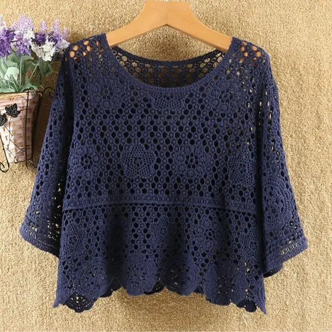 2022 Women Summer Fashion Loose Hollow Sweater Shirt Female O-neck Knitted Pullover Tops Ladies Short Sleeve Crocheted Tops W24