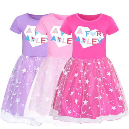 New A FOR ADLEY Dress Kids 2024 Summer Clothes Baby Girls Short Sleeve Mesh Princess Vestidos Children's Rainbow Casual Dresses