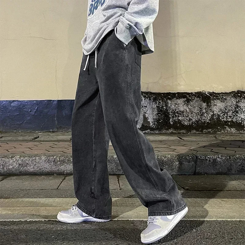 2024 New Streetwear Loose Jeans Men Korean Style Fashion Loose Straight Wide Leg Pants Men's Brand Clothing Black Light Blue