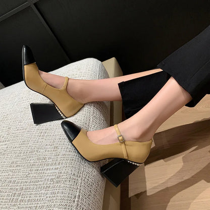 MKKHOU Fashion Pumps New High Quality Genuine Leather Colored Round Head Women's Heel High Heel Shoes Commuter Women's Shoes