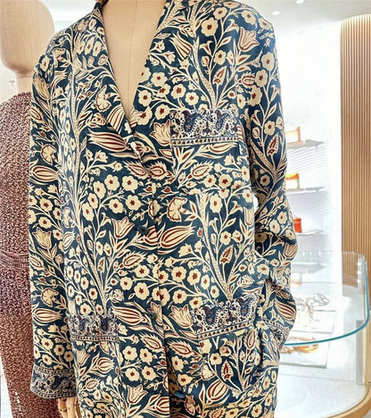 Women's Silk Printed Suit Long Sleeve Shirt+Elastic Waist Trousers Women's 2 Piece Set L*P