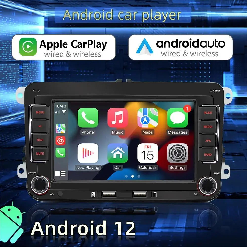 7" Portable Android 12 2-Din Car Radio with Carplay, WiFi, GPS for Volkswagen Golf, Polo, Passat, Skoda Jetta