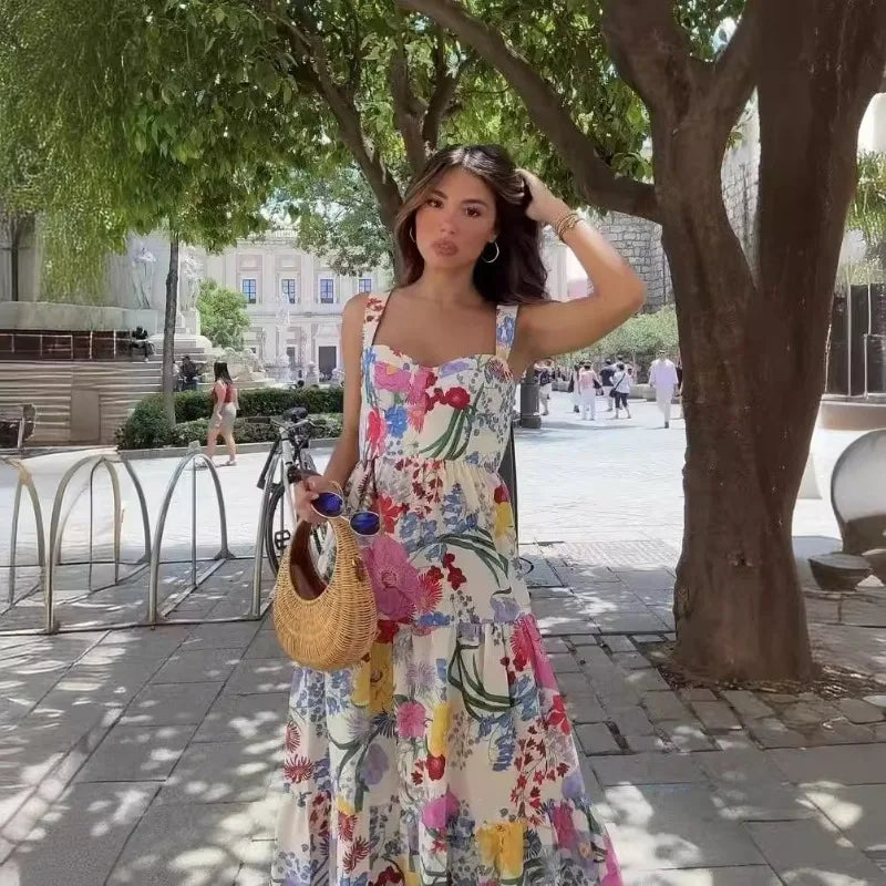 European and American Style Summer New Seaside Vacation Camisole Print Long Dress with A Slim Waist and Small Floral Dress