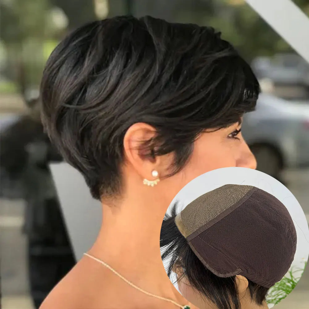 Full Lace Silk Base Top Short Curly Pixie Cut Wigs Human Hair for Black Women Glueless Wig Short Wigs Natural Color 5x5inch