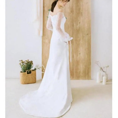 Spaghetti Straps Wedding Dresses With Small Train New Soft Satin Simple Bridal Dress Elegant Beading Long Sleeve Party Dresses