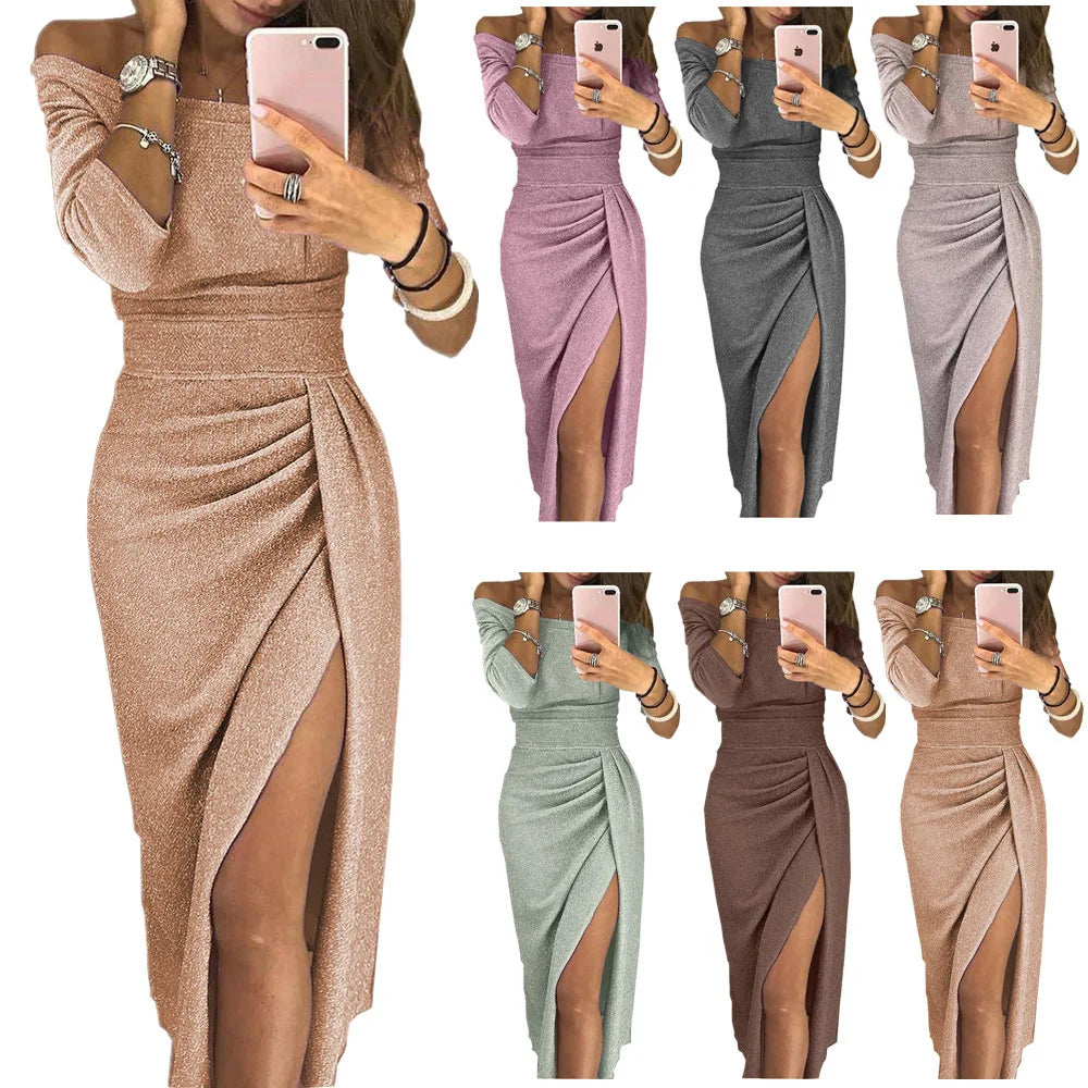 Bright Glitter Bodycon Dress Women Sexy Off Shoulder Long Sleeve Slit Fashion Elegant Evening Party Long Dress Female Clothes