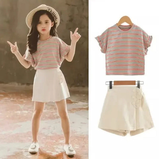 Summer Trendy Kid Girls Clothes Strip Petal Sleeve T-Shirt & Shorts 2pcs Set Girl Clothes Sweet Elegant Outfit Casual Wear Suit