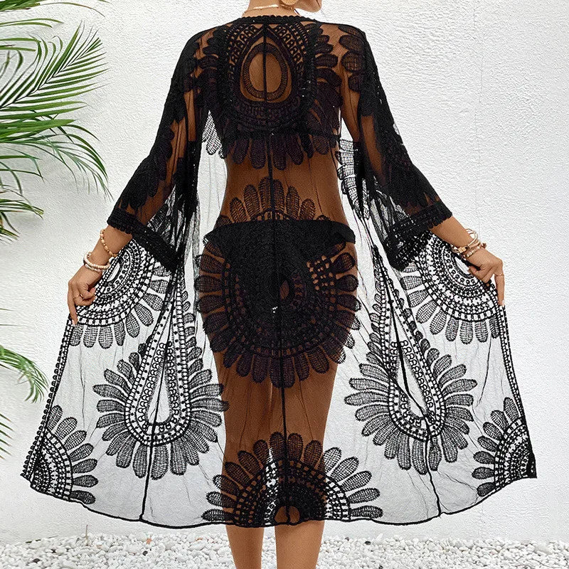 Summer Solid Color Lace Mesh Smock V-neck Lace Up Long Sleeved Beach Dresses Women's Beach Cover-Ups