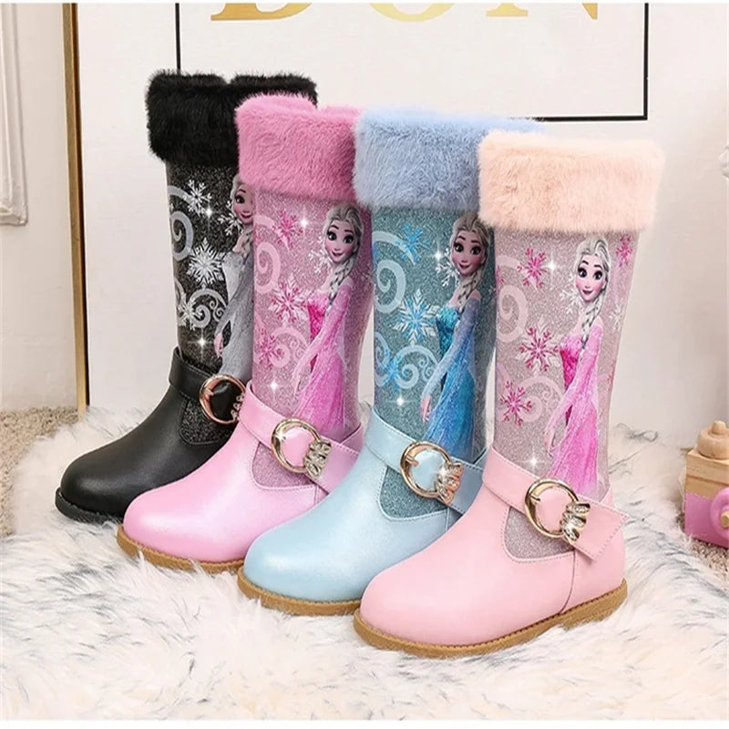 Disney Girls Boots Autumn High-tube Plus Velvet Elsa Princess Children's High-heeled Boots Frozen Blue Warm Shoes Size 25-36