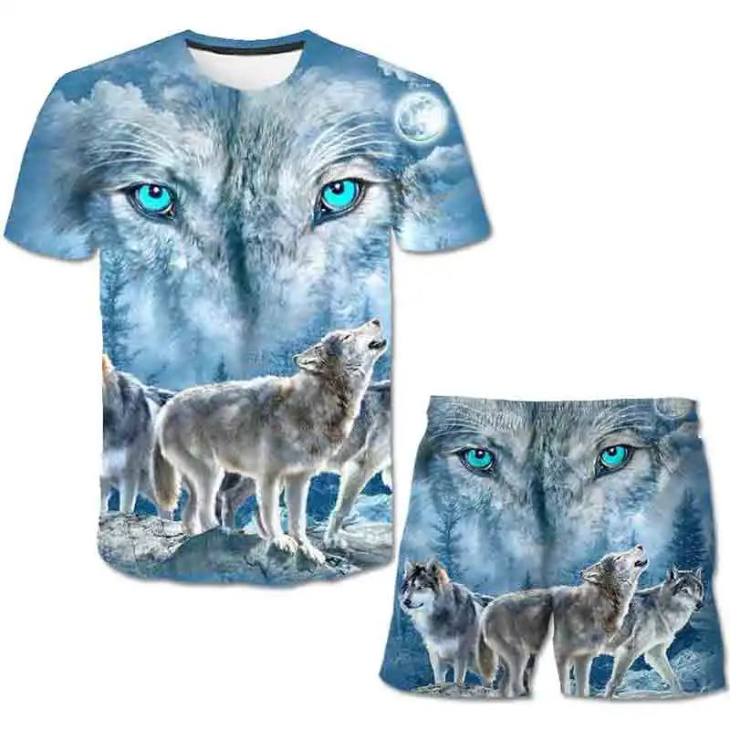 Kids Wolf Summer Clothes Sets Boys Girls Cartoon Casual T Shirts + Shorts 2PCS Outfits Children Fashion Clothing Outfits 1-14 Y