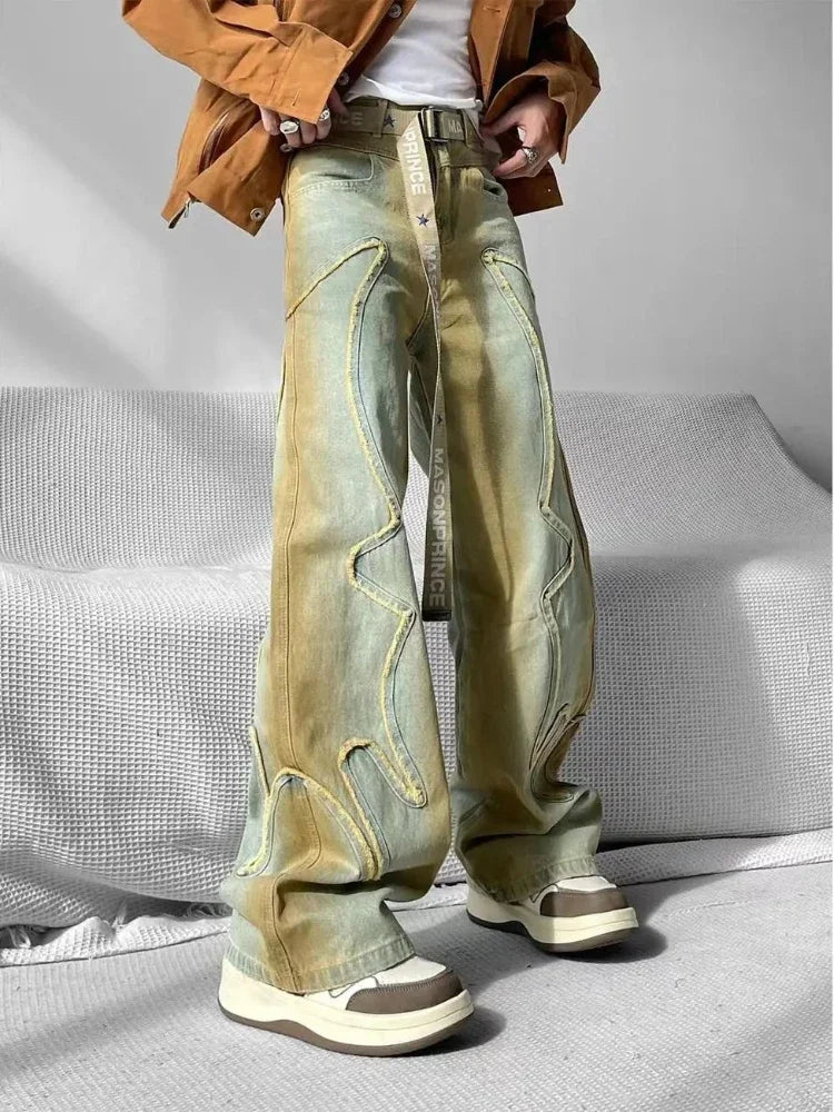 New High Street Vintage Baggy Jeans Washed and Old Y2K Men and Women Sagging Streetwear Hip-hop Straight Jeans Long Pants Korean