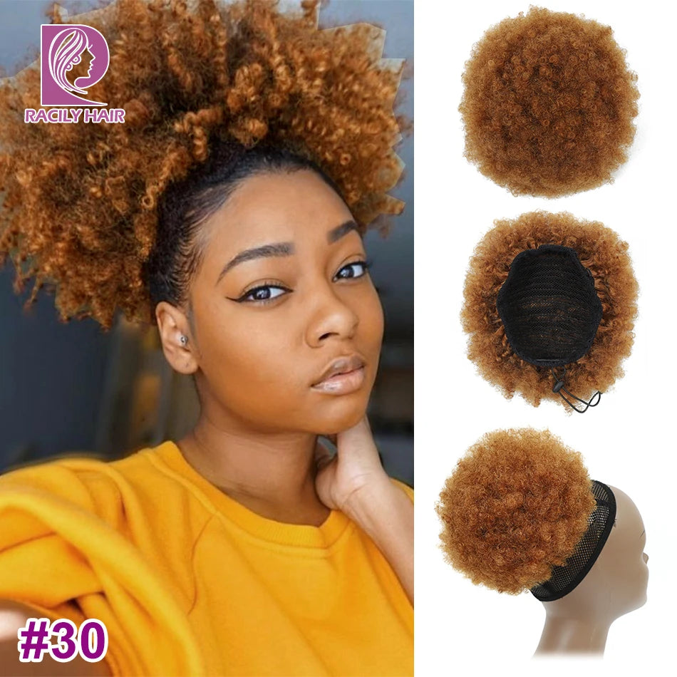 Racily Hair Afro Puff Drawstring Ponytail Human Hair Brazilian Short Curly Drawstring Ponytail Afro Puff Bun Chignon Accessories