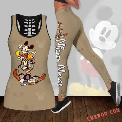 New Mickey Mouse Women's Hollow Vest + Womens Leggings Yoga Suit Fitness Leggings Sports Suit Disney Tank Top Legging Set Outfit