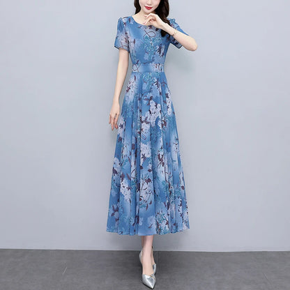 2024 Casual Floral Chiffon Vintage Party Dress Spring Summer Elegant Women Short Sleeve Midi Dress V-neck Boho Beach Long Dress