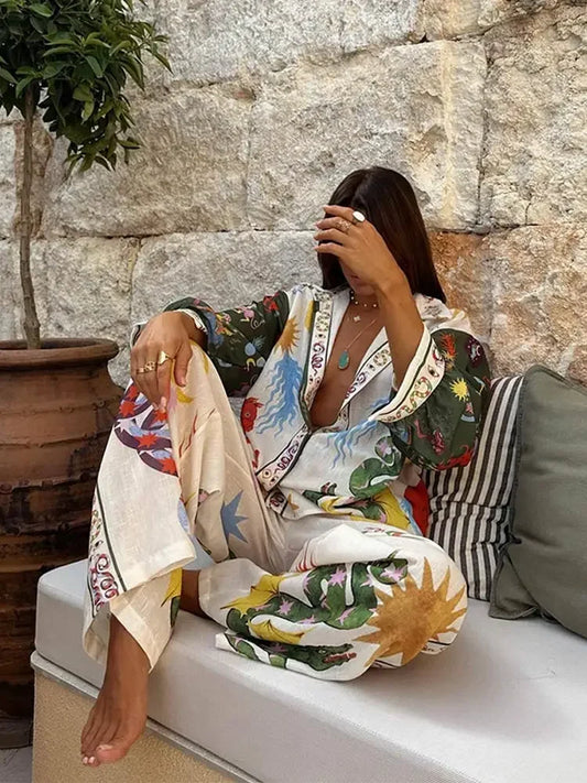 2024 Summer Beach Holiday Outfits Loose Printed 2 Pieces Pant Sets Women Lapel Long Sleeve Blouse High Waist Wide Leg Pants Suit