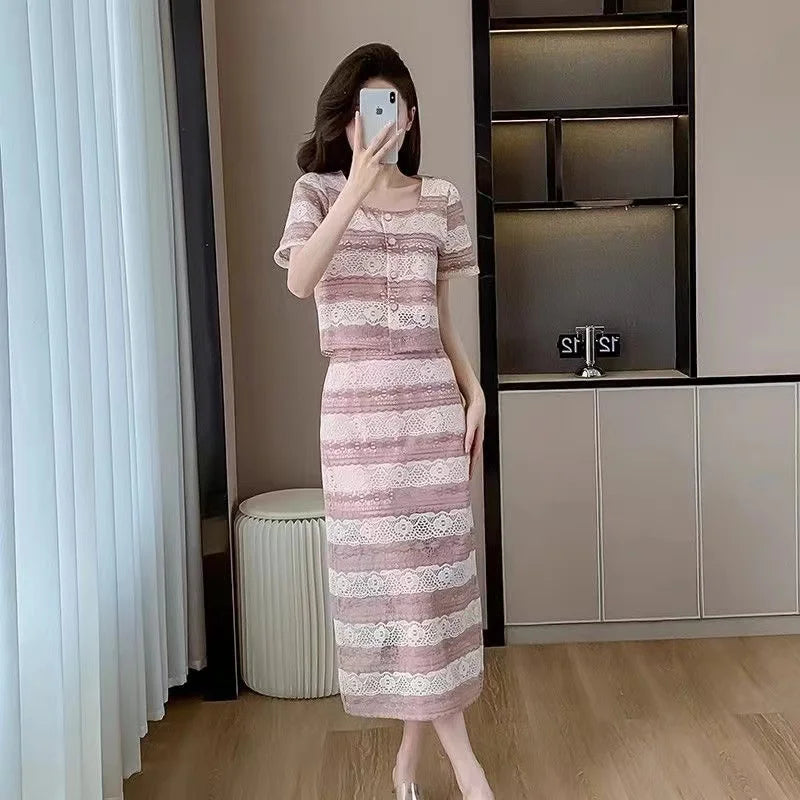 New High End Summer Lace 2 Piece Sets Women Outfit Striped Square Collor Short Sleeve Top Shirt + Long Skirt Suits Office Lady